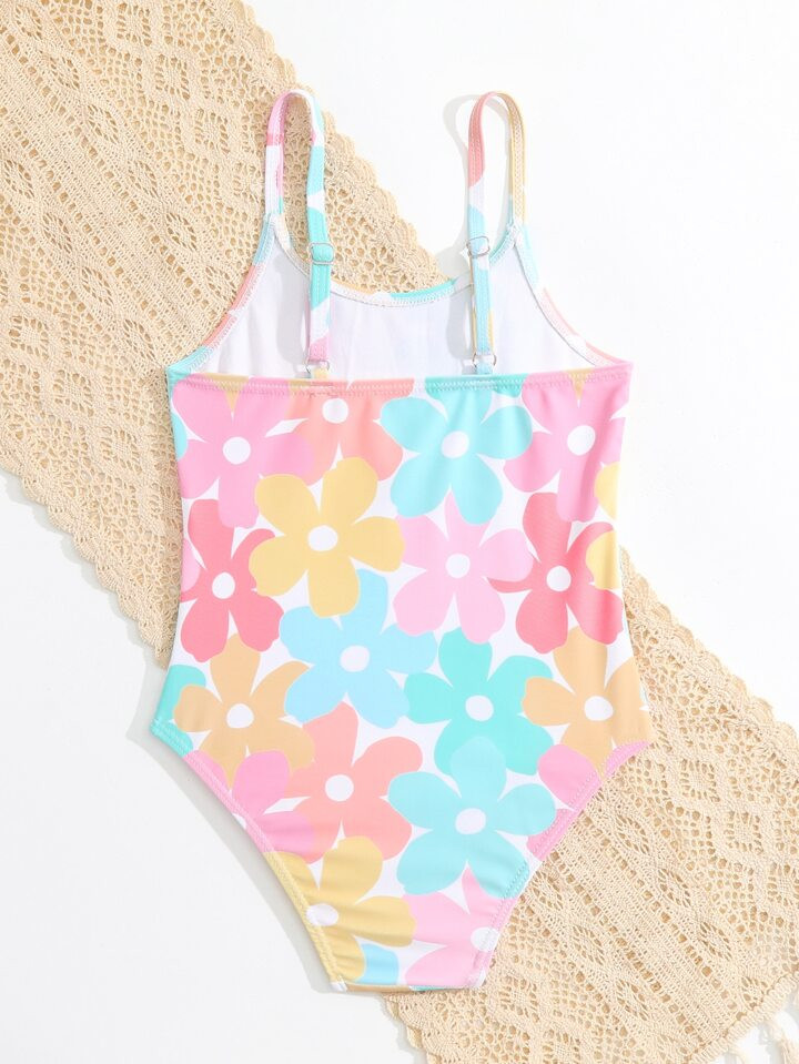 Young Girl Toddle One Piece Swimsuit With Cute Flower Design, Random Print, Adjustable Straps For... | SHEIN
