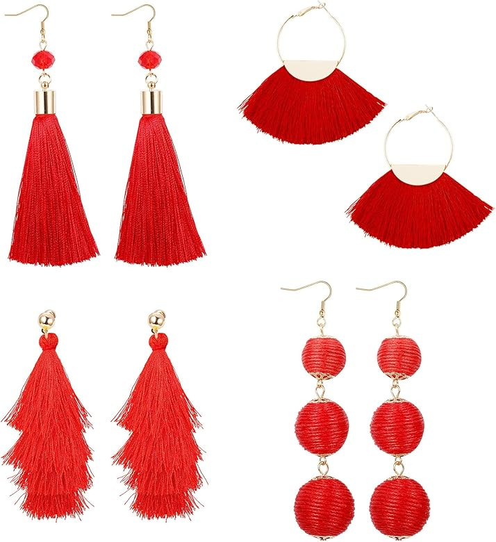 LOYALLOOK 4Pairs Tassel Earrings For Women Fan Shape Tassel Earrings Long Thread Tassel Earrings Boh | Amazon (US)