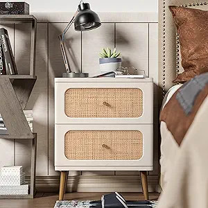 LONYKE Wicker Rattan Nightstand, 2-Drawer End Table White Finish Side Table for Small Spaces, Mod... | Amazon (US)