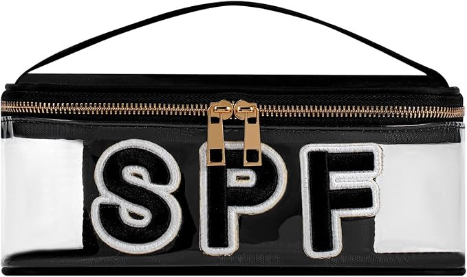 Clear Waterproof Summer SPF Makeup Bag，Aesthetic Transparent Letter Patch Cosmetic Bag with Met... | Amazon (US)