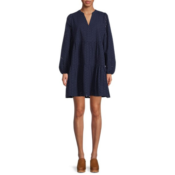 Time And Tru Women's Long Sleeve Eyelet Dress - Walmart.com | Walmart (US)