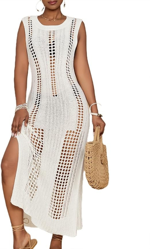 Bsubseach Crochet Beach Cover Ups for Women Sleeveles Swimsuit Coverups Hollow Out Summer Knit Bi... | Amazon (US)
