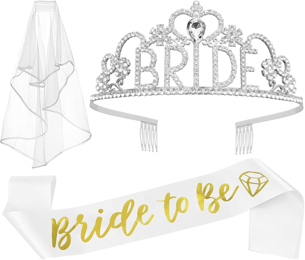 JETKONG 3 Pcs Bachelorette Party Decorations "BRIDE" Crown, Bride to Be Sash&Veil for Women Bache... | Amazon (US)