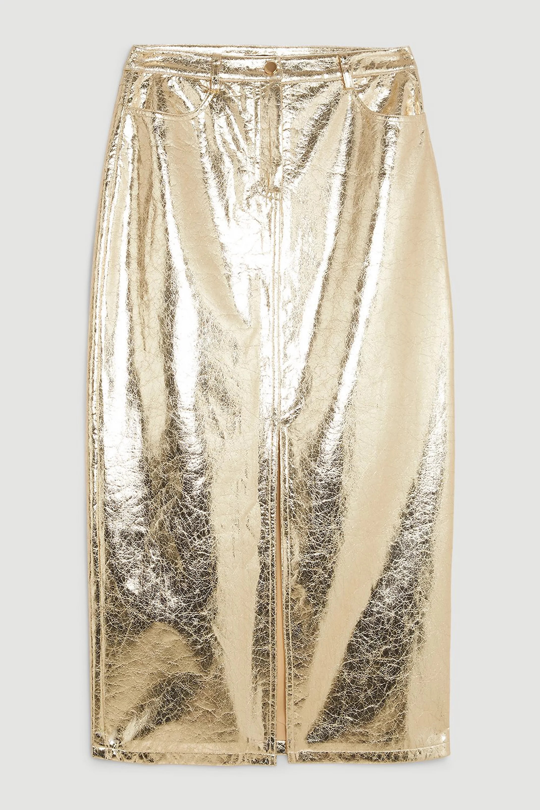 Metallic Faux Leather Midi Skirt | Karen Millen UK + IE + DE + NL