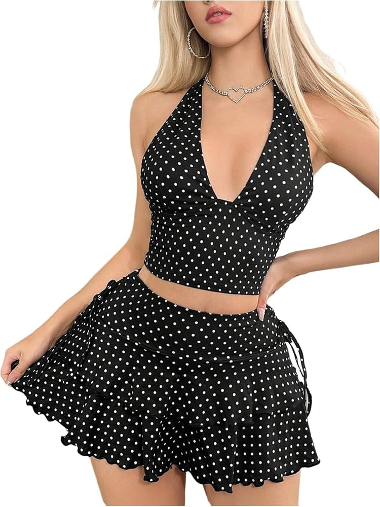 Milumia Women's Sexy Y2k 2 Piece Outfits Polka Dots Halter Crop Top Layered Ruffle Mini Skirt Set | Amazon (US)
