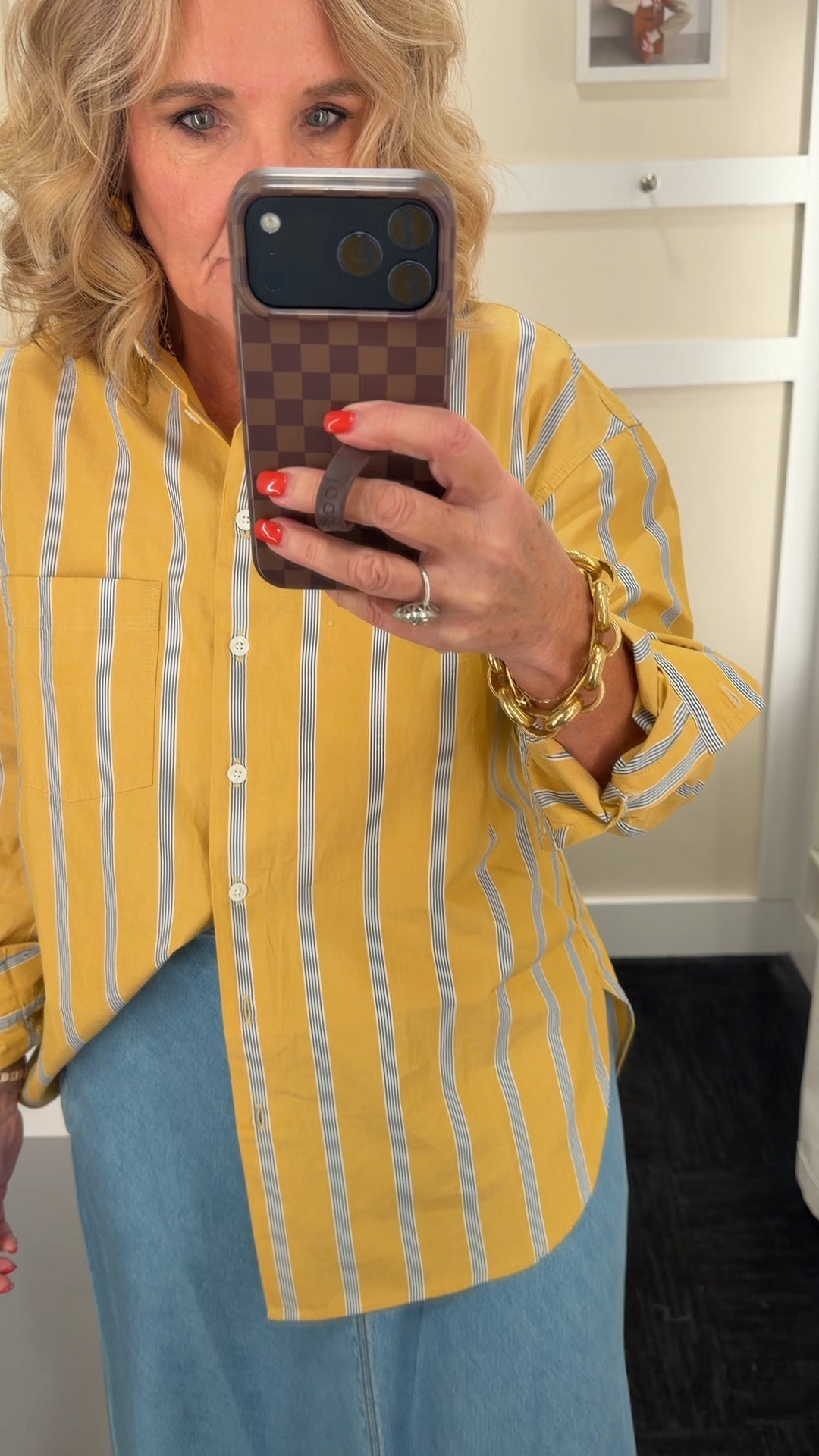 This denim skirt is fantastic. Lightweight I sized down to a 28
Blouse size small gorgeous saffron yellow color 

#LTKSaleAlert #LTKOver40 #LTKdayinmylife