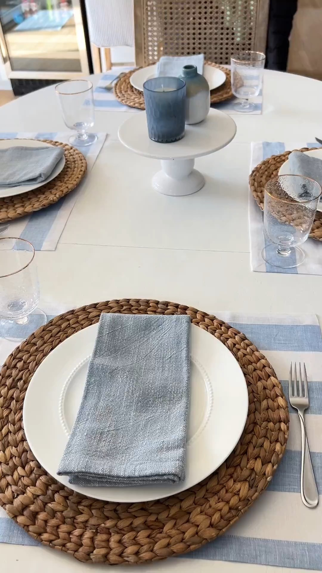 This coastal table setting with blue and white striped linen placemats, seagrass chargers, and white dishware feels fresh, layered, and timeless. I love how the mix of natural texture and crisp pieces makes everyday meals feel elevated. @Solino Home 



#LTKHome #LTKSaleAlert #LTKU