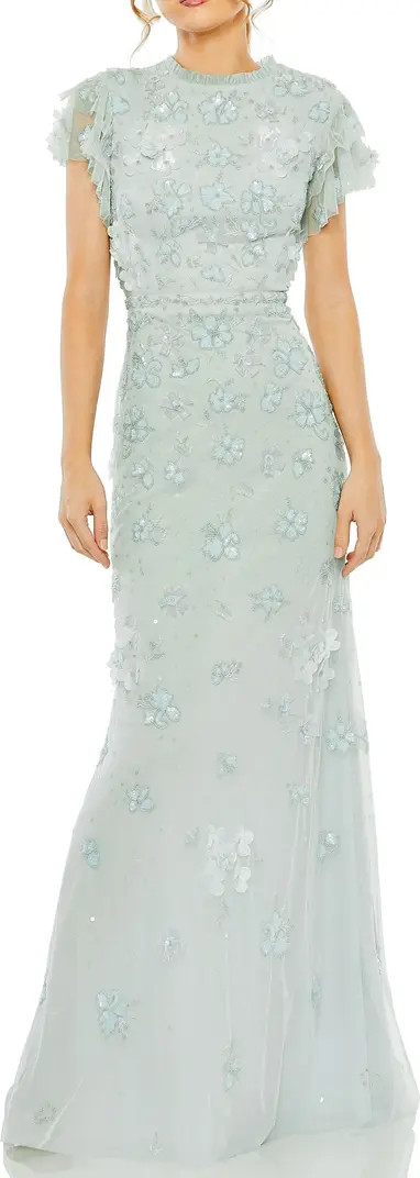 Floral Embellished High Neck Flutter Sleeve Gown | Nordstrom