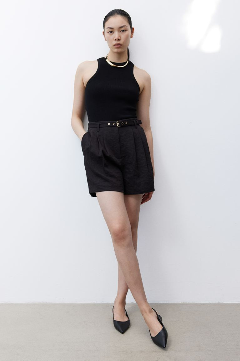 Paper Bag Shorts with Belt - High waist - Short - Black - Ladies | H&M US | H&M (US + CA)