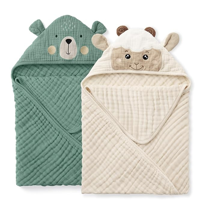 Blissful Diary Muslin Baby Hooded Towel 2 Pack, Soft & Absorbent Bath Towel for Infant, Toddler, ... | Amazon (US)