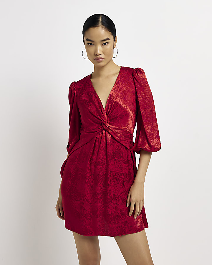 Red satin twist skater mini dress | River Island (UK & IE)