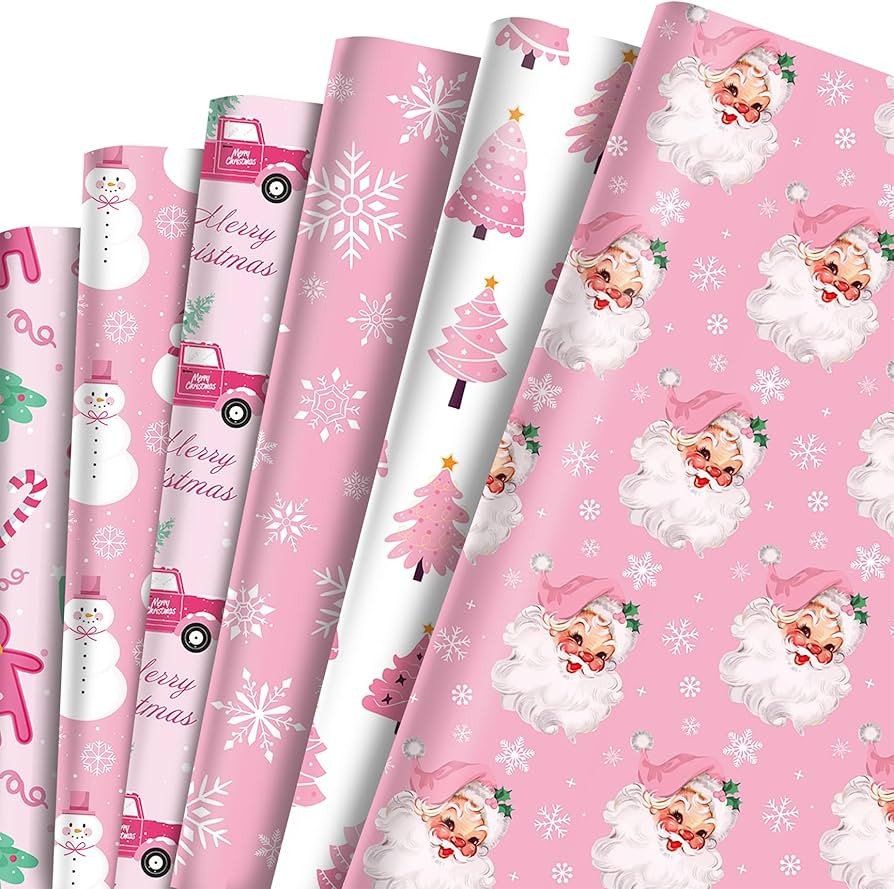 Tnoeuz 12 Sheet Pink Christmas Wrapping Paper, Snowman Snowflake Santa Gift Wrap Paper Folded Fla... | Amazon (US)