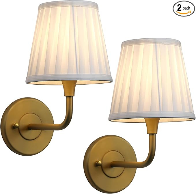 PERMO Set of 2 Vintage Gold Wall Sconces with White Pleated Fabric Shade – E26 Hardwired Wall L... | Amazon (US)