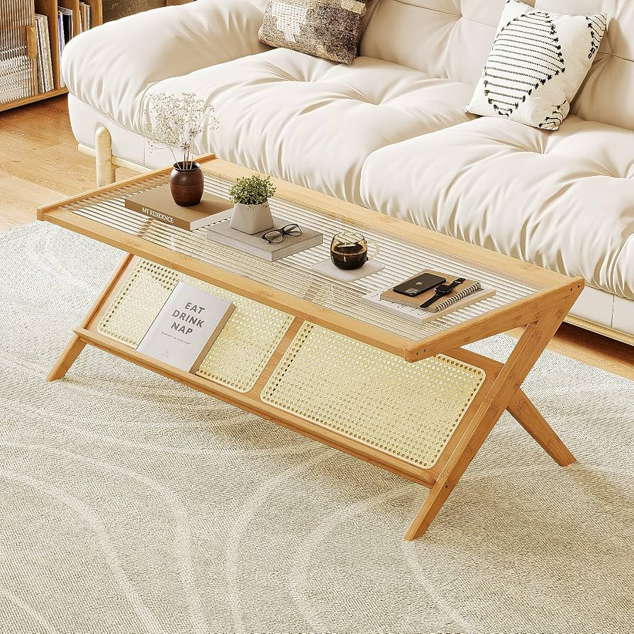 Bamworld Rattan Coffee Table Mid-Century Modern Coffee Table BambooTable with Glass Top for Livin... | Amazon (US)