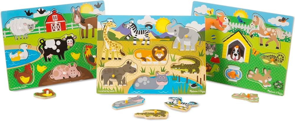 Melissa & Doug World of Animals Wooden Peg Puzzles Set - Pets, Farm, and Safari | Amazon (US)