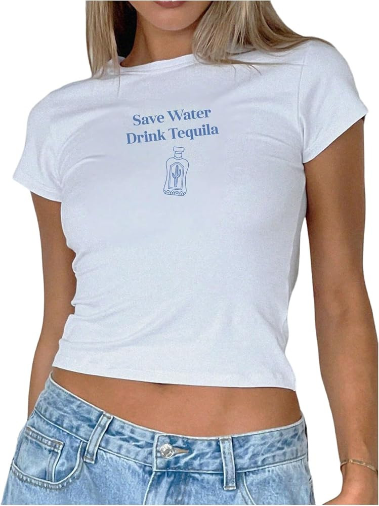 SweatyRocks Women's Tequila Print Y2k Slim Fit Crop Top Slogan Graphic Cute Short Sleeve T Shirts | Amazon (US)