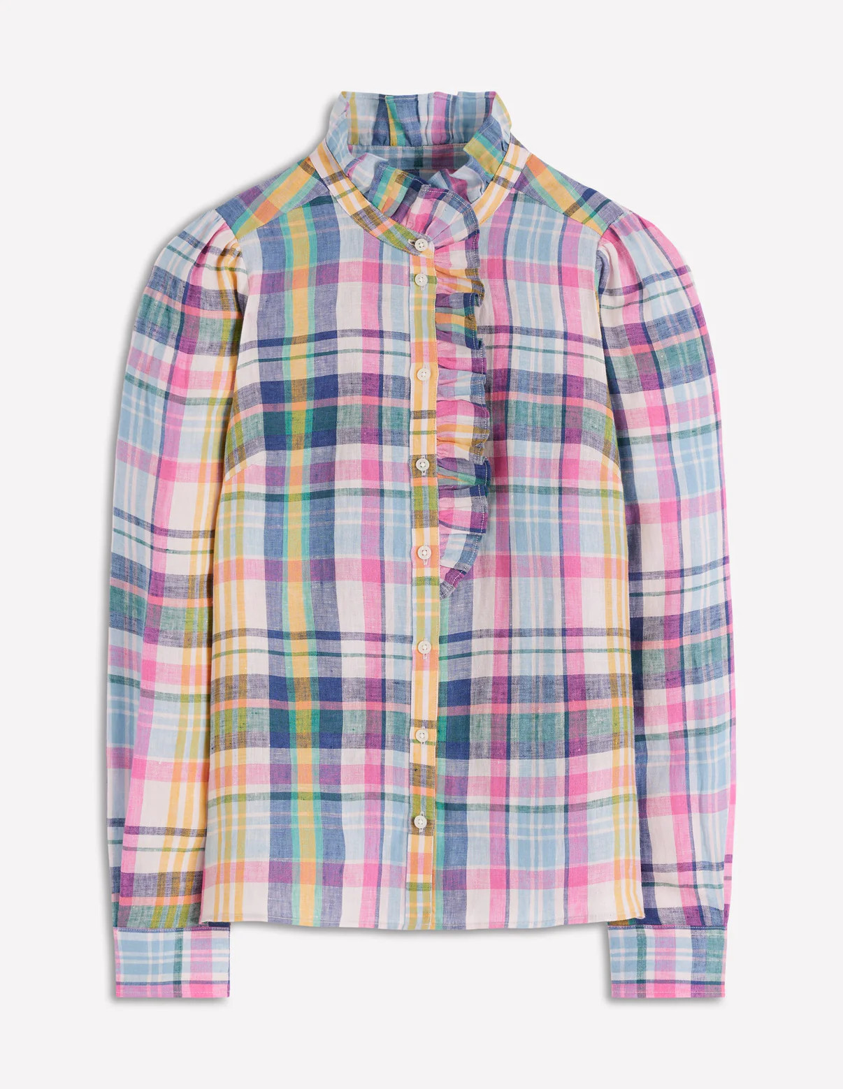 Isabel Ruffle Linen Shirt-Multi Check | Boden (US)