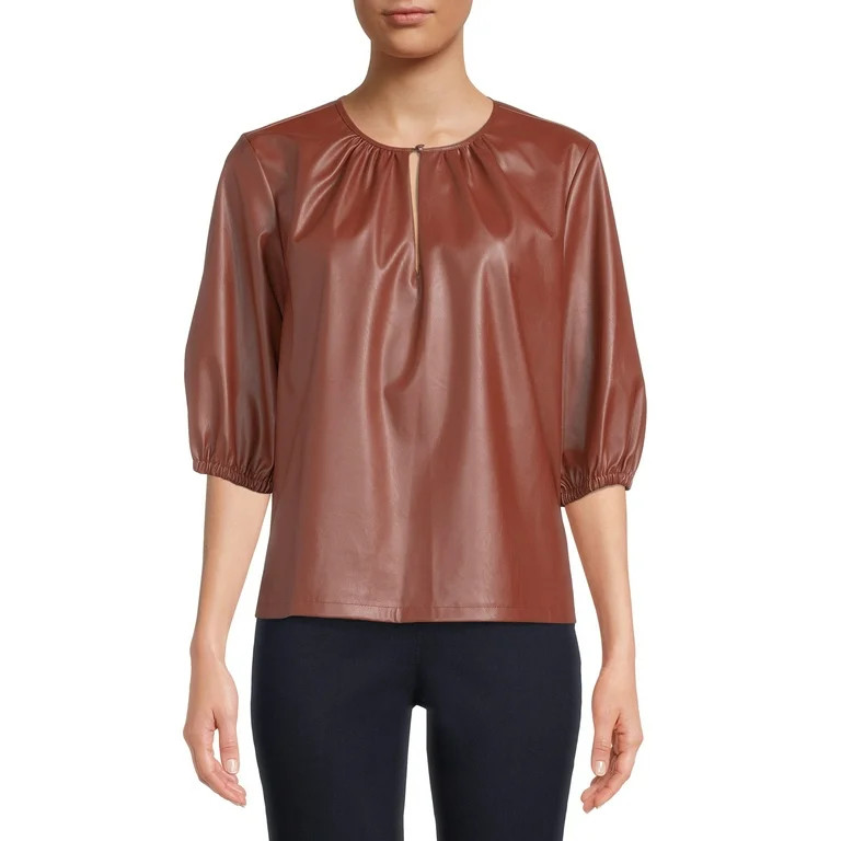 The Get Women's Faux Leather Volume Top with Long Sleeves | Walmart (US)