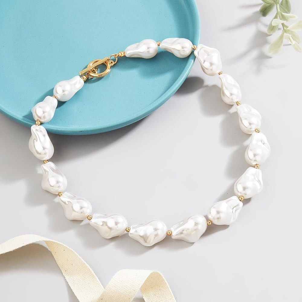 Y 14K Gold Plated Pearl Necklace - Dainty Gold Beaded Pearl Choker Chain Necklace for Women - Pro... | Amazon (US)