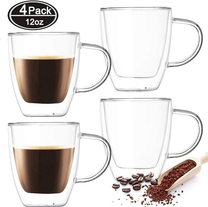 Farielyn-X 4 Pack Insulated Coffee Mugs, Glass Tea Mugs (12 oz, 350 ml), Double Wall Glass Coffee... | Amazon (US)