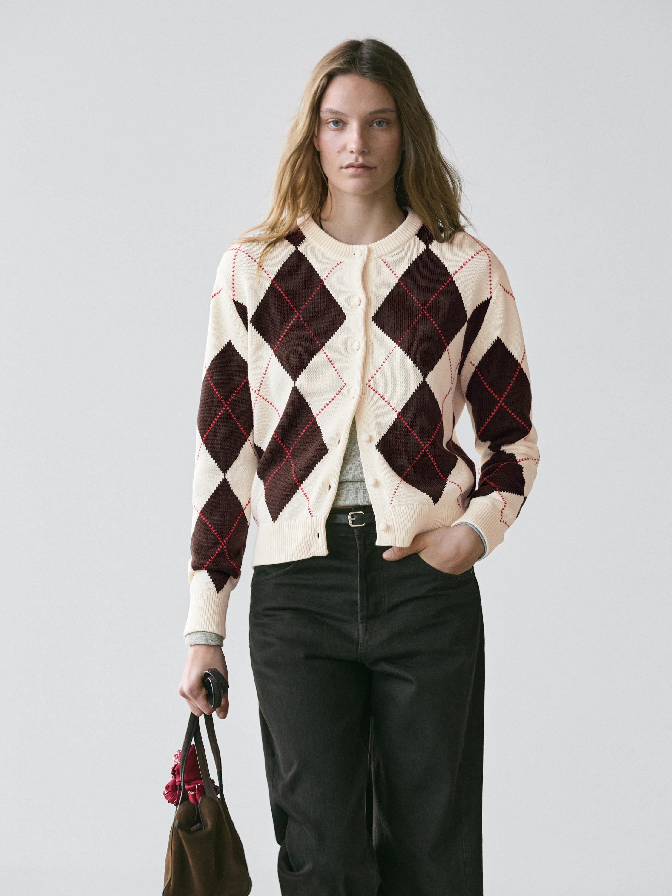 Cotton argyle knit cardigan | Massimo Dutti UK