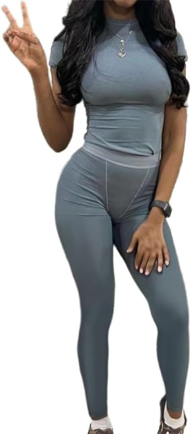 AYWA Two Piece Outfits for Women Fitted Crew Neck T-shirt High Waist Leggings Biker Shorts Matchi... | Amazon (US)