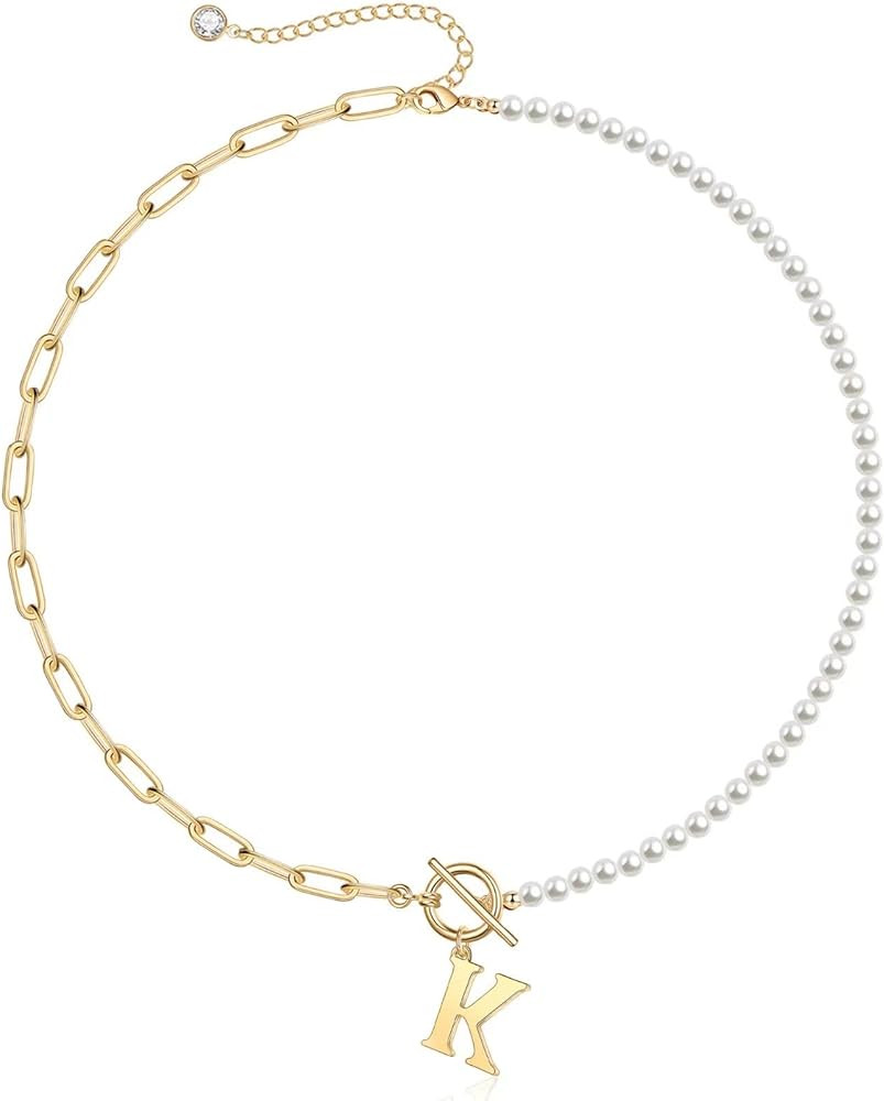 Pearl Initial Necklaces for Women Trendy, 14k Gold Plated Dainty Simulated Shell Pearl Initial Ne... | Amazon (US)