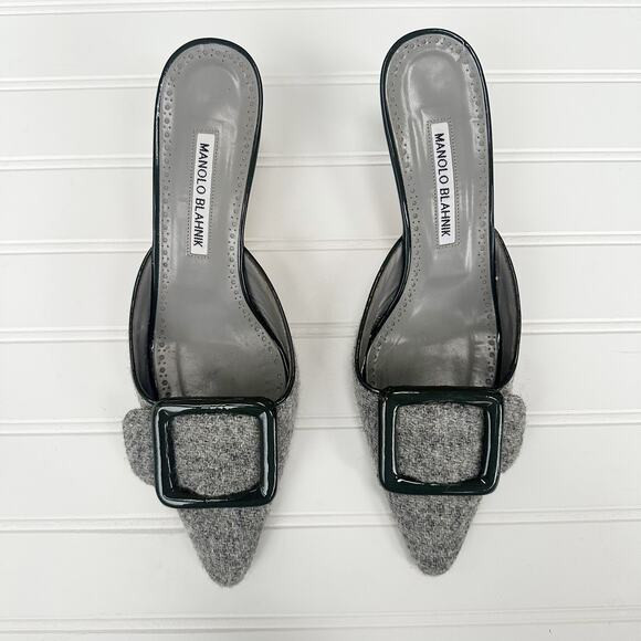 Manolo Blahnik Maysale Mule Buckle Wool Grey Black Slip On Toe Kitten Heel | Poshmark
