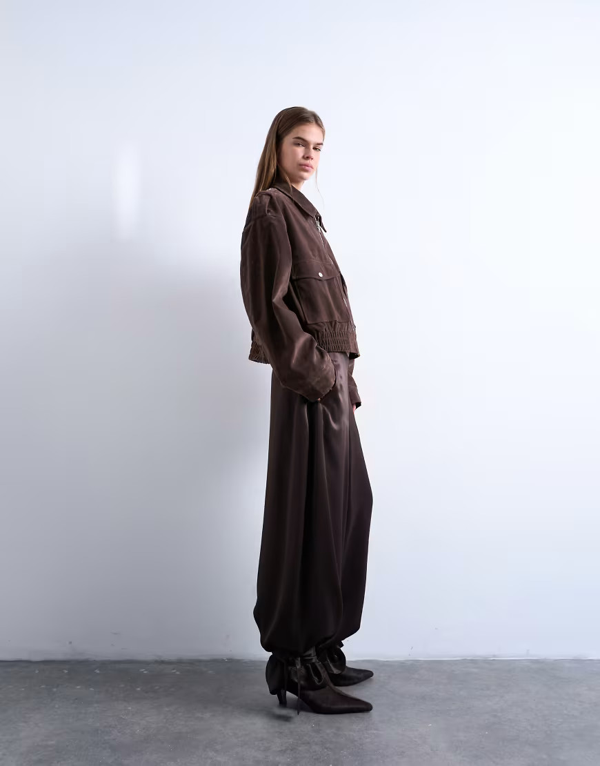 Topshop high rise satin cuffed balloon pants in brown | ASOS (Global)
