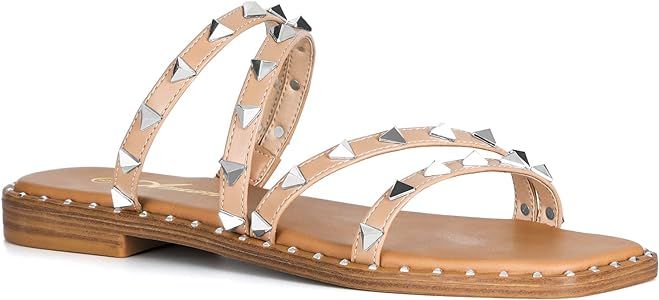 Athlefit Women's Studded Flat Slide Sandals Square Open Toe Strappy Slip On Sandals | Amazon (US)