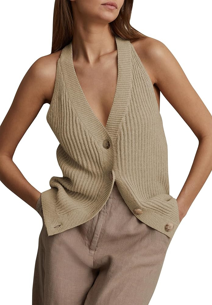 Womens Button-Front Sweater Vest Top V Neck Sleeveless Knit Tank Fitted Halter Raceback Cardigan ... | Amazon (US)