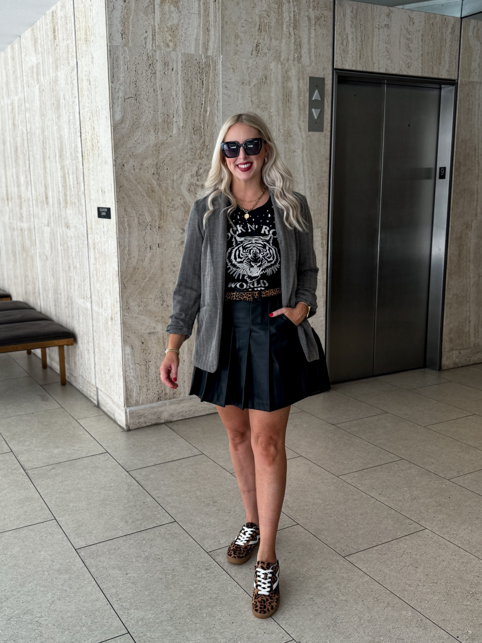 Outfit idea, faux leather skirt, herringbone blazer, graphic tee

#LTKStyleTip #LTKSaleAlert #LTKFindsUnder50