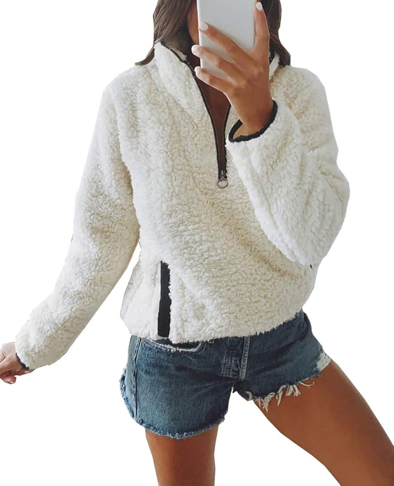 Womens Fleece Sherpa Fuzzy Zipper Long Sleeve Loose Pullover Fashion Contrast Color-Block Pockets... | Amazon (US)