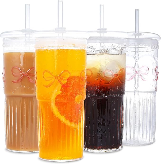 22oz Ribbed Glass Coffee Cups Set of 4, Vintage Bow-Embossed Glasses with Glass Lids and Straws, ... | Amazon (US)
