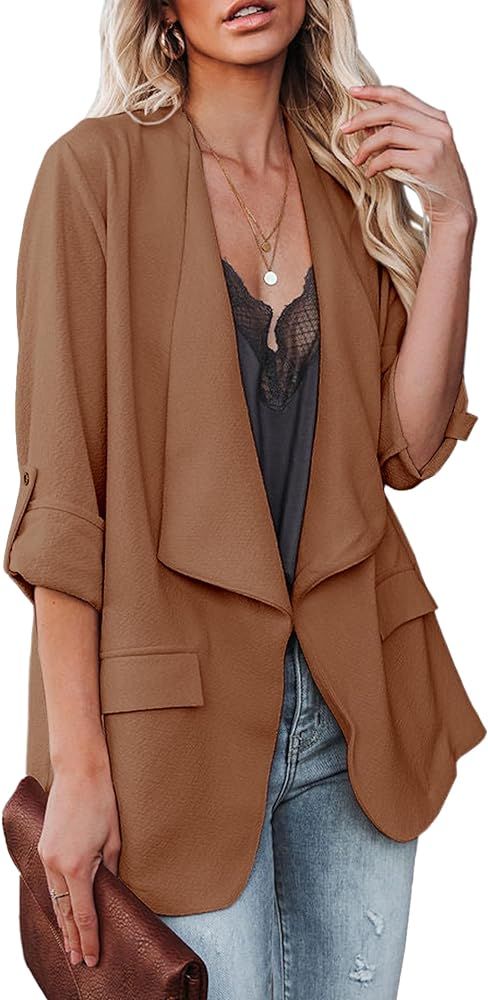 Womens Casual Blazer Jackets Roll Up Long Sleeve Open Front Work Office Business Blazers with Poc... | Amazon (US)