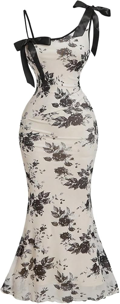 Verdusa Women's Floral Print Bowknot Bodycon Maxi Dress Sleeveless Asymmetric Strap Fishtail Dres... | Amazon (US)
