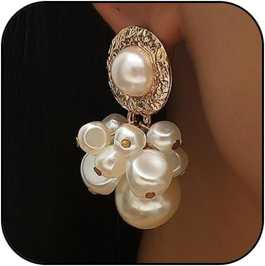 Chunky Geometric Cluster Pearls Drop Earrings, Baroque White Red Big Pearl Dangle Statement Earri... | Amazon (US)