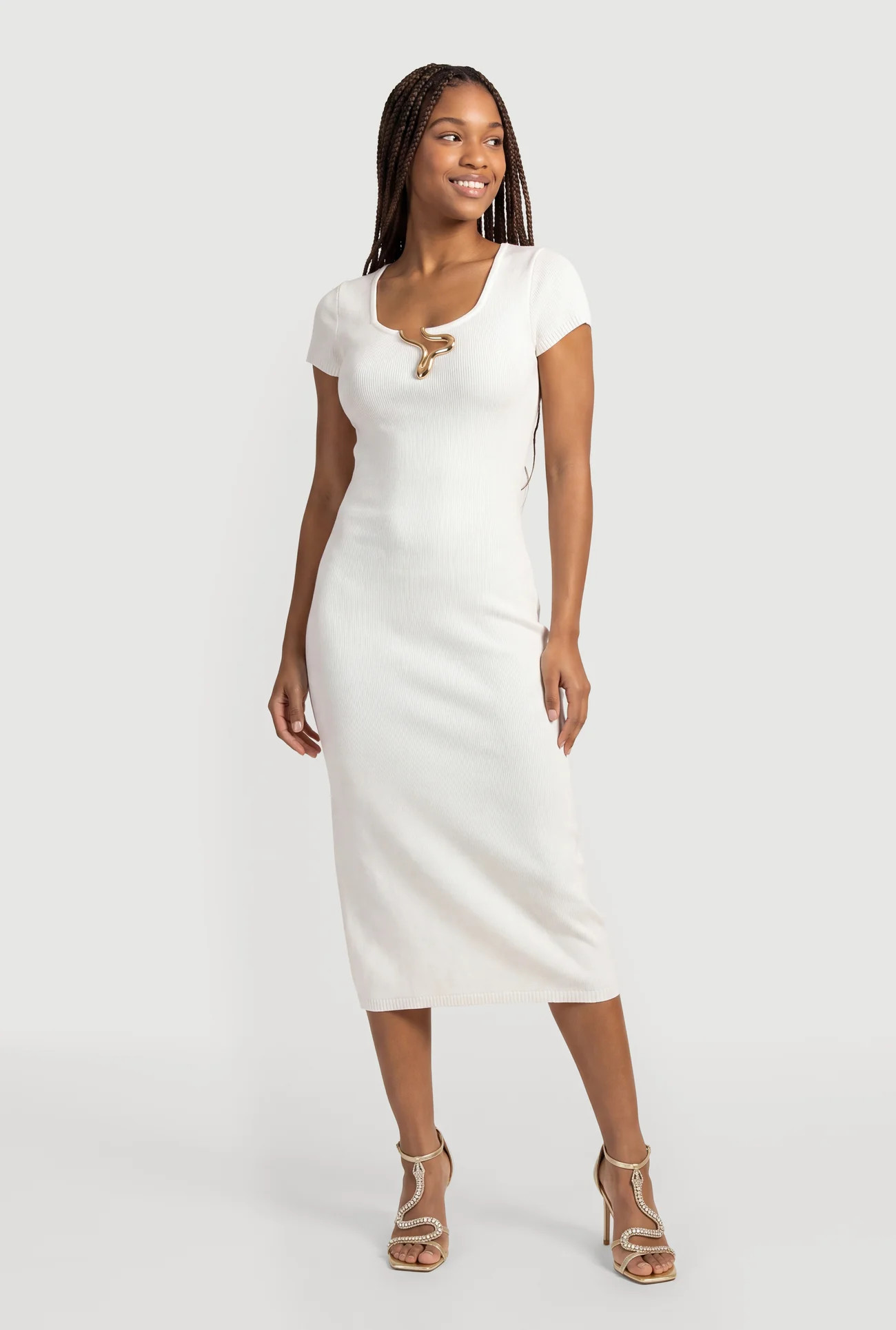Metallic Neckline Detail Midi Sweater Dress | Rainbow Shops