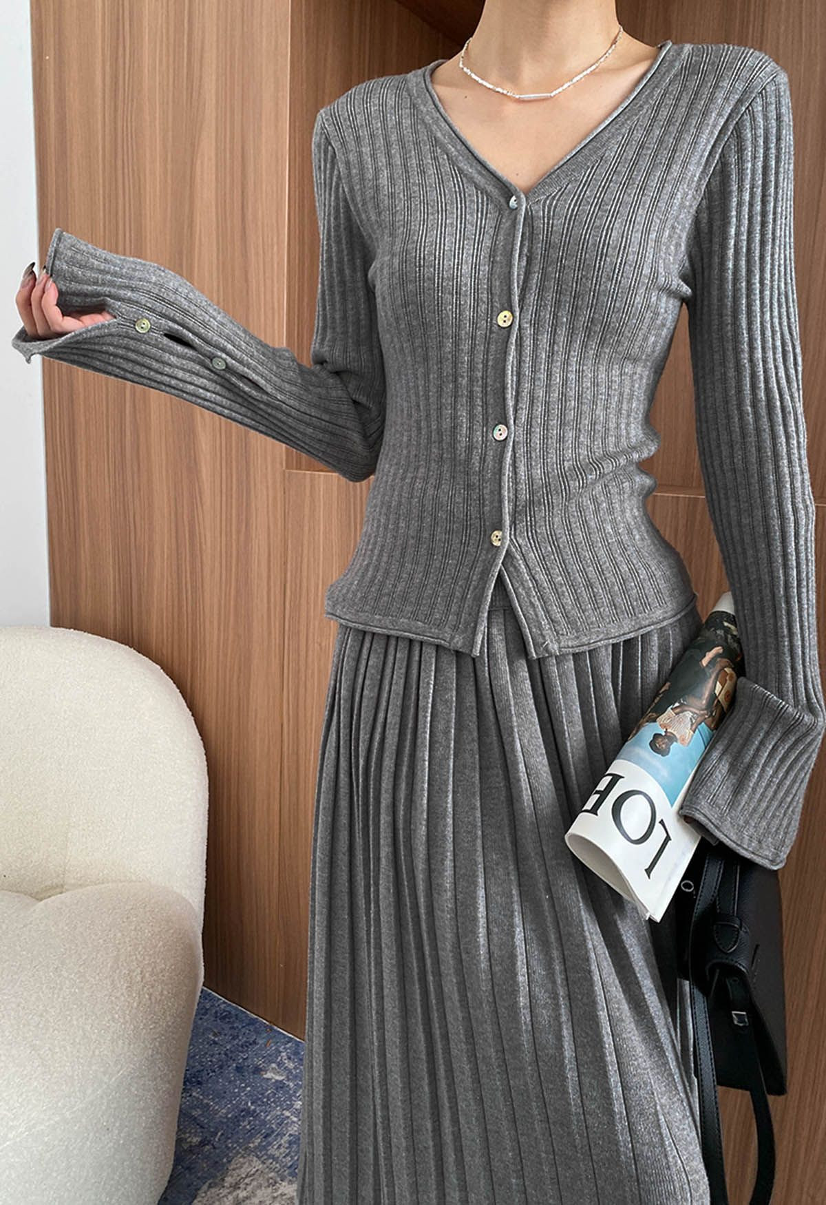 Flare Cuffs Button Knit Top and Midi Skirt in Grey | Chicwish