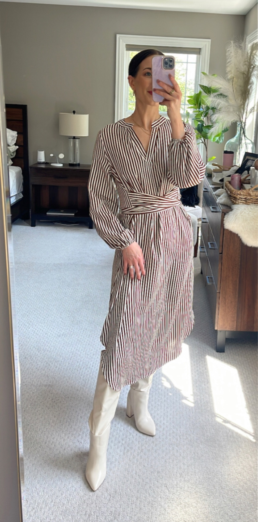 Amazon fall workwear: Amazon has the perfect outfit pieces for your workwear wardrobe this fall including this striped midi dress paired with knee high white boots and a tote bag! This is the perfect fall office outfit, fall outfit, dress and boot outfit, fall dress outfit, fall boots outfit, workplace outfit, fall workwear outfit  I am wearing a small at 5'4.5!

#LTKstyletip #LTKworkwear #LTKSeasonal