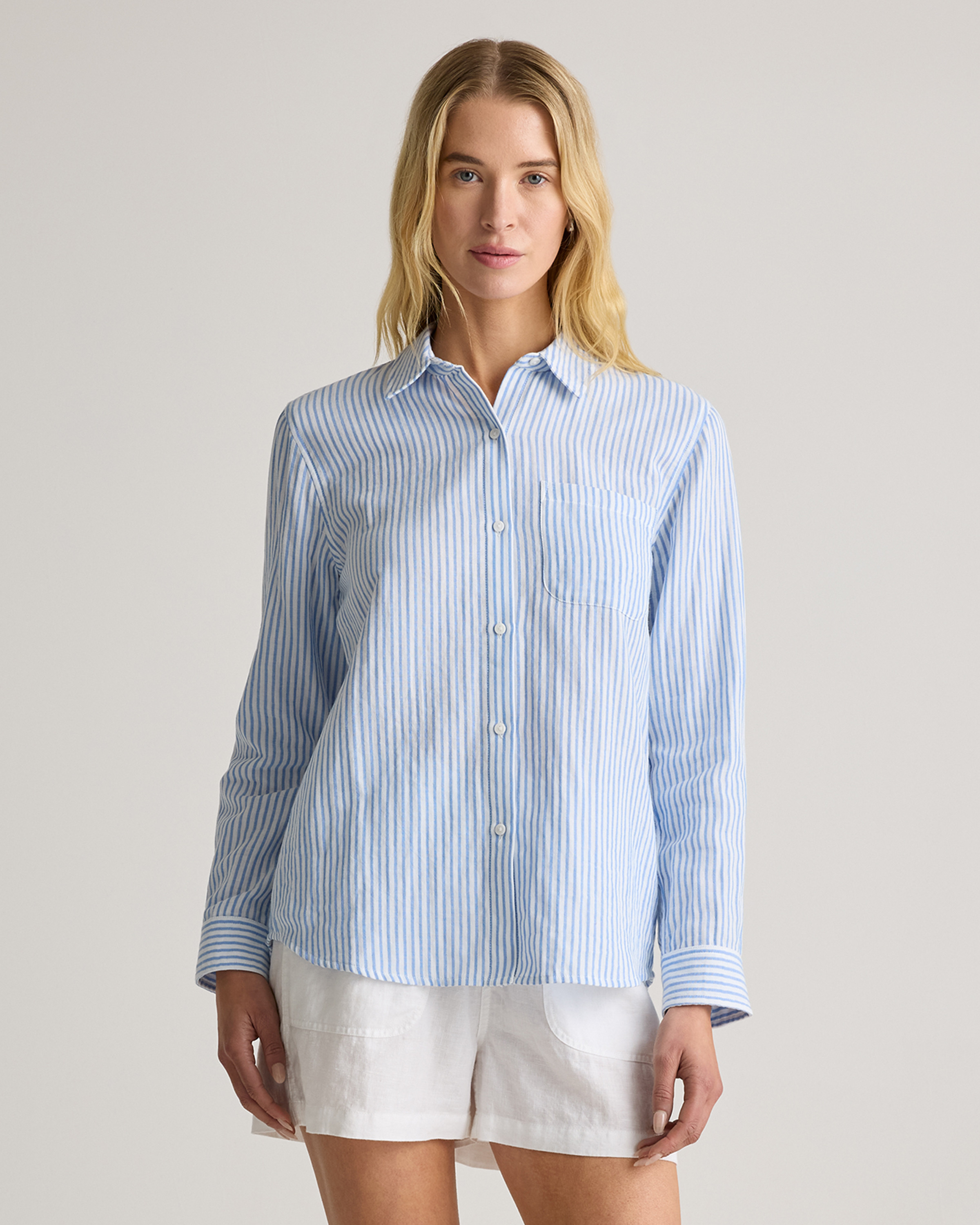 100% Organic Cotton Gauze Long Sleeve Shirt in Bayside Stripe Blue/white | Quince
