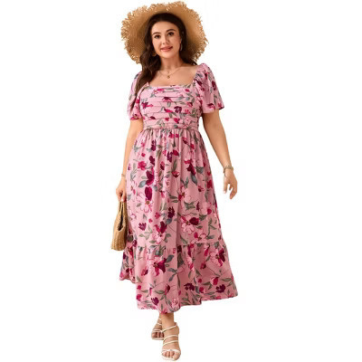 Women Plus Size Dresses Square Neck Short Sleeves Summer Floral Smocked Maxi Dress | Target