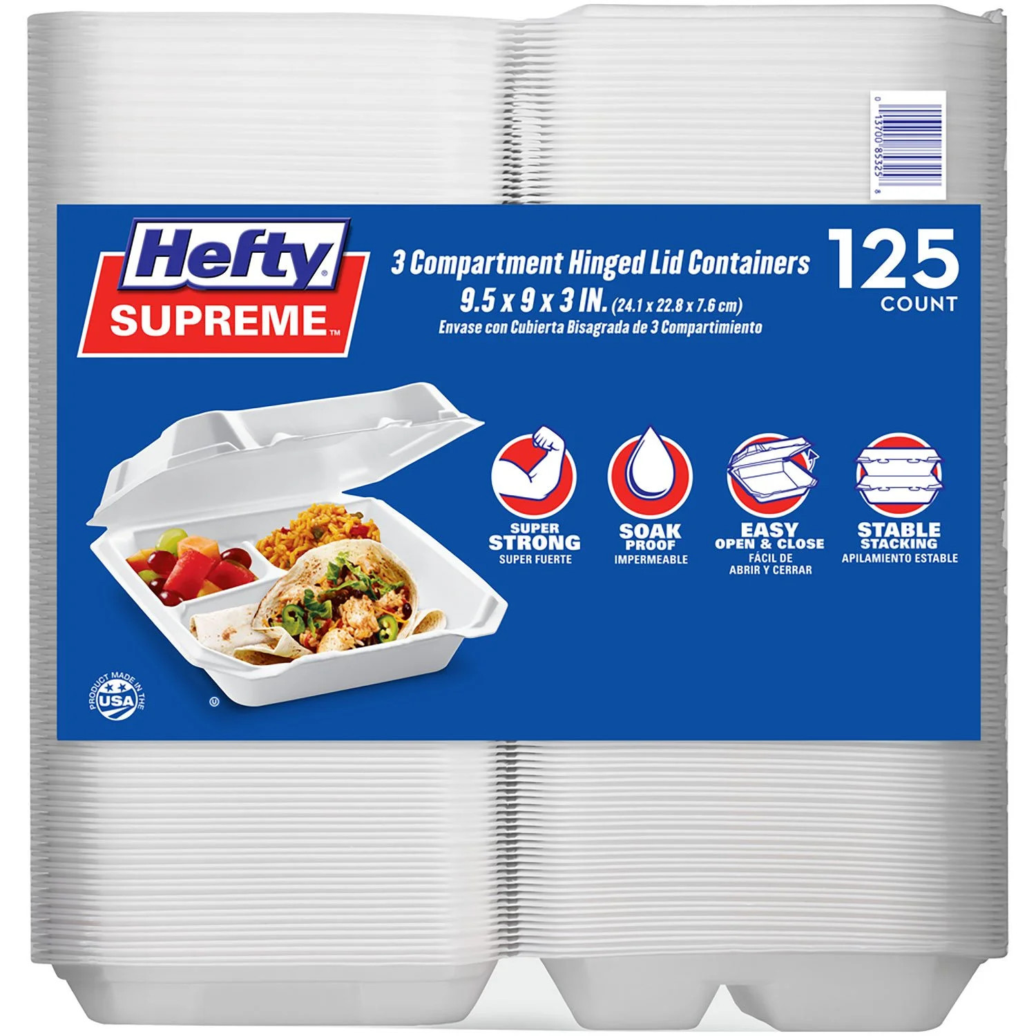 Hefty Supreme Foam Hinged Lid Container, 3-Compartment 125 ct. | Sam's Club