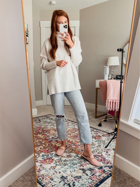 Oversized white sweater for fall with mom jeans and pink mules from amazon 

#LTKunder100 #LTKSeasonal