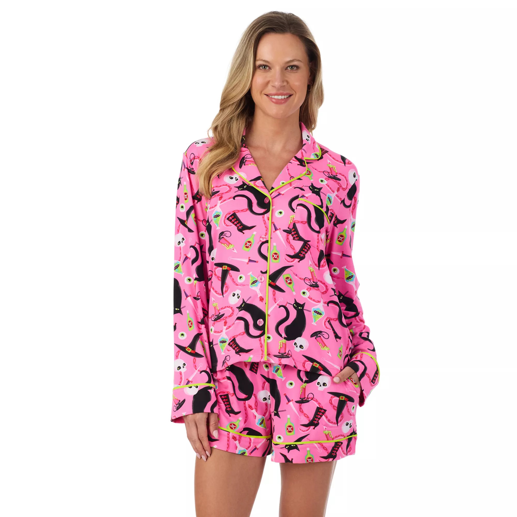Women's Beauty Sleep Social Halloween Cozy 2-piece Long Sleeve Pajama Top & Pajama Shorts Set | Kohl's