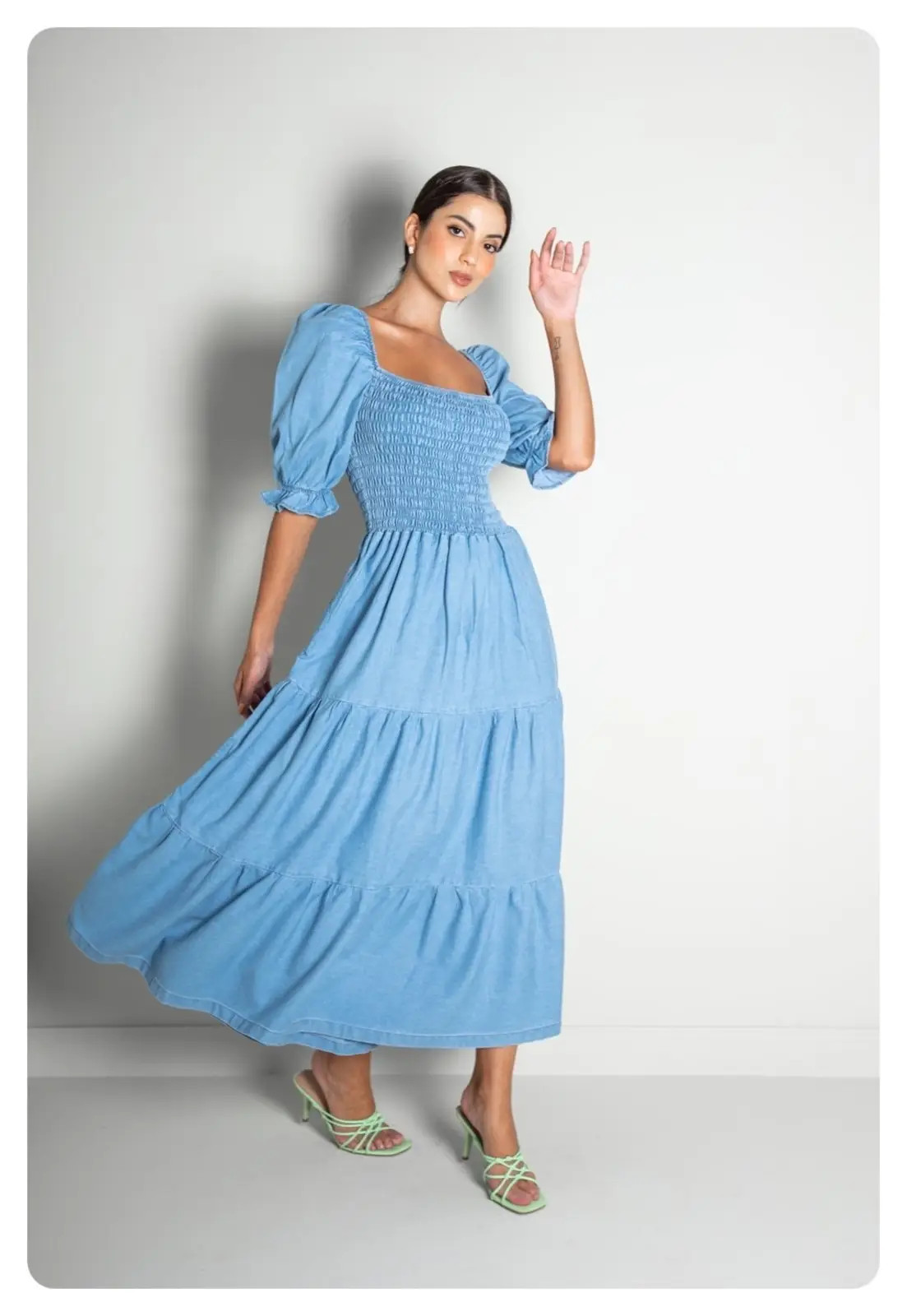 Vestido Midi Sisal Jeans C/ Manga 3/4 e Corpo de Lastex Azul | Dafiti (BR)