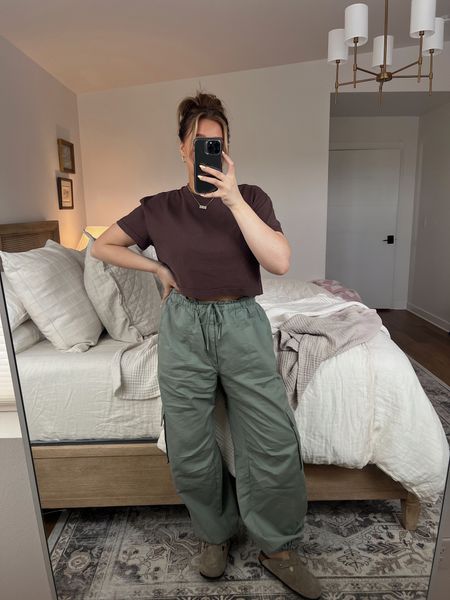 Medium in nuuds crop tee (color is coffee) it runs tts + cargo pants are a fave from Abercrombie! So cute and soft, flattering and have a nice loose fit in the legs and butt. Size M! Waist and ankles cinch for a more snug fit  

#LTKunder100 #LTKstyletip