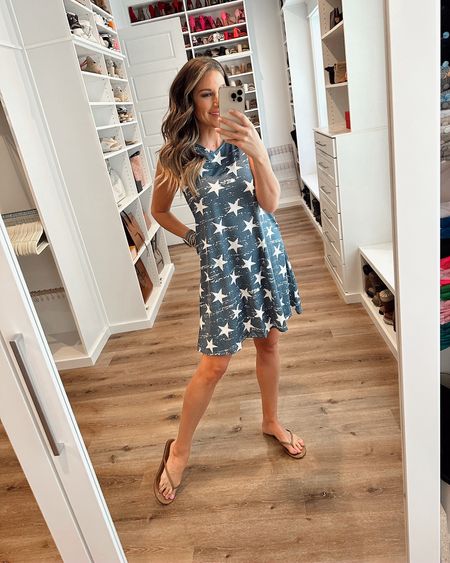 In a medium star tank shirt dress, sandals and accessories for patriotic outfit from amazon - fits TTS. 

#LTKSeasonal #LTKstyletip #LTKunder50
