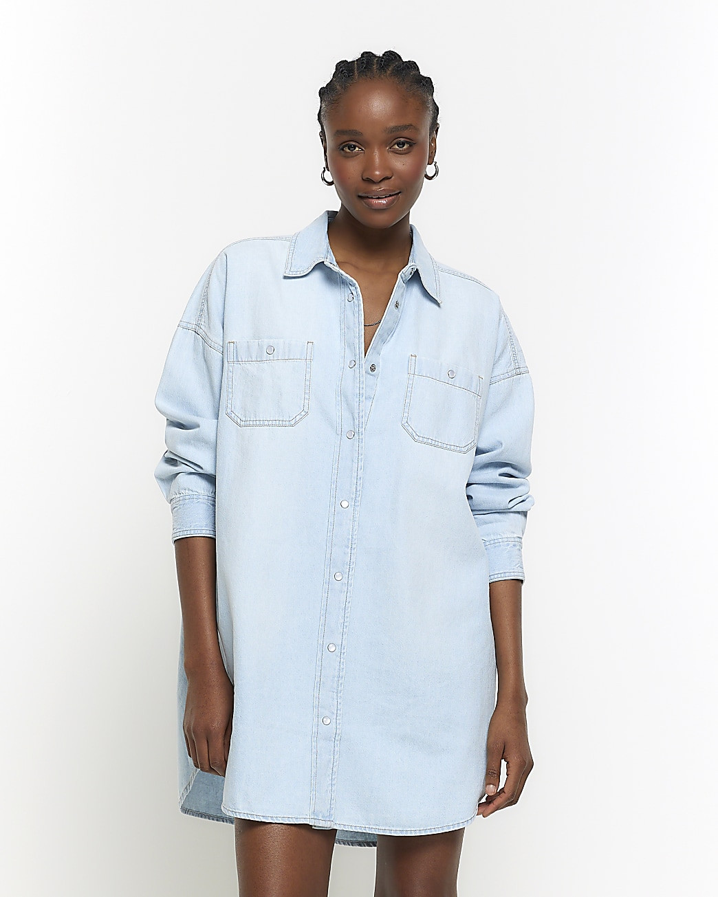 Blue denim oversized mini shirt dress | River Island (US)