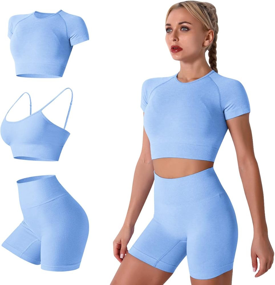 3 Piece Workout Outfits for Women Seamless Yoga Short Sleeve Crop Tops Shirt High Waist Running S... | Amazon (US)